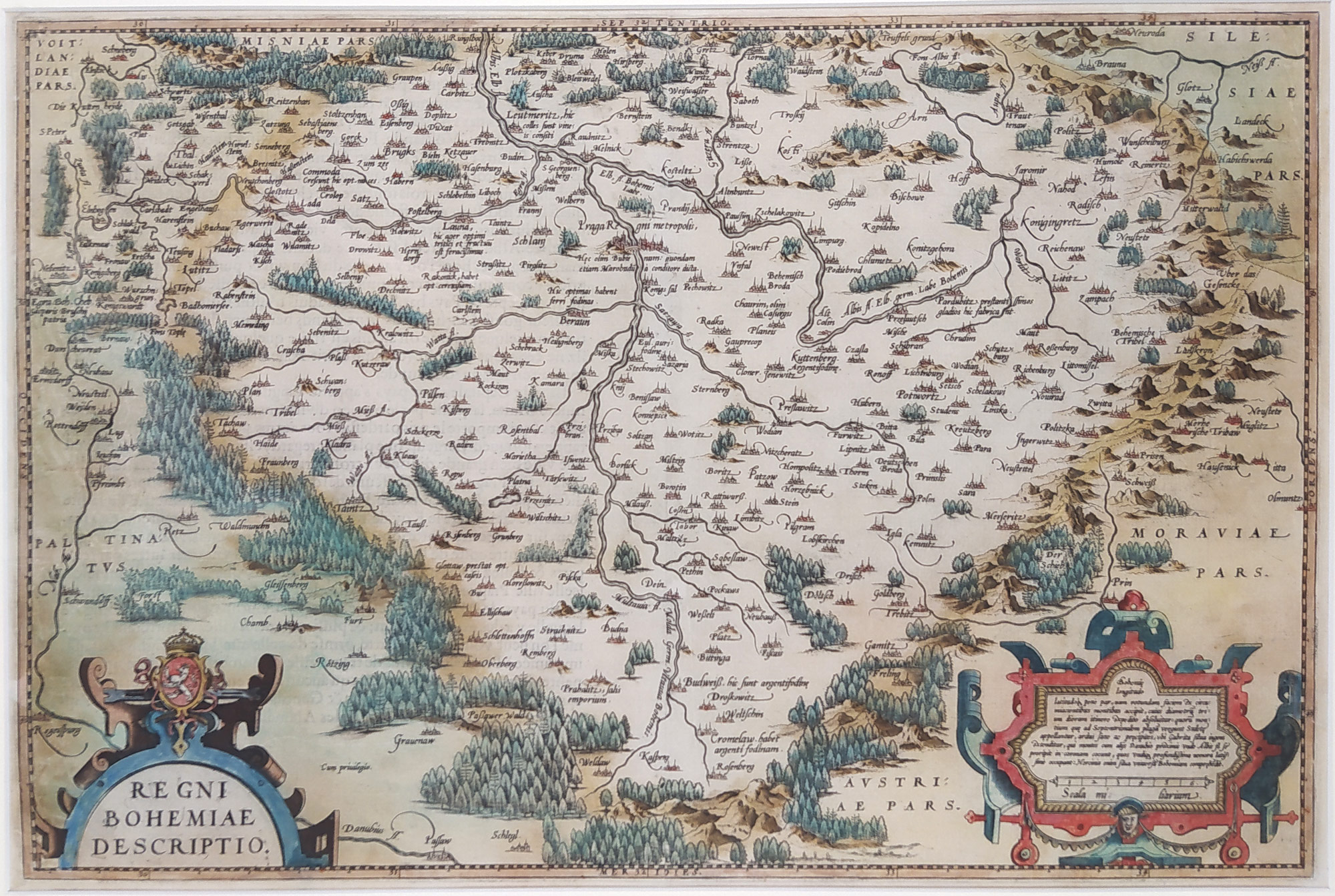 Čechy – Regni Bohemiae Descriptio, Abraham Ortelius, staře kolorovaný původní mědiryt, 1579