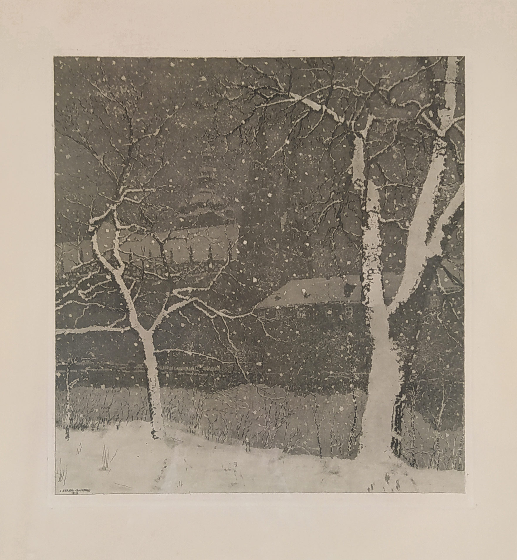 Stretti-Zamponi Jaromír – Hradčany v zimě, původní barevná akvatinta, 1912