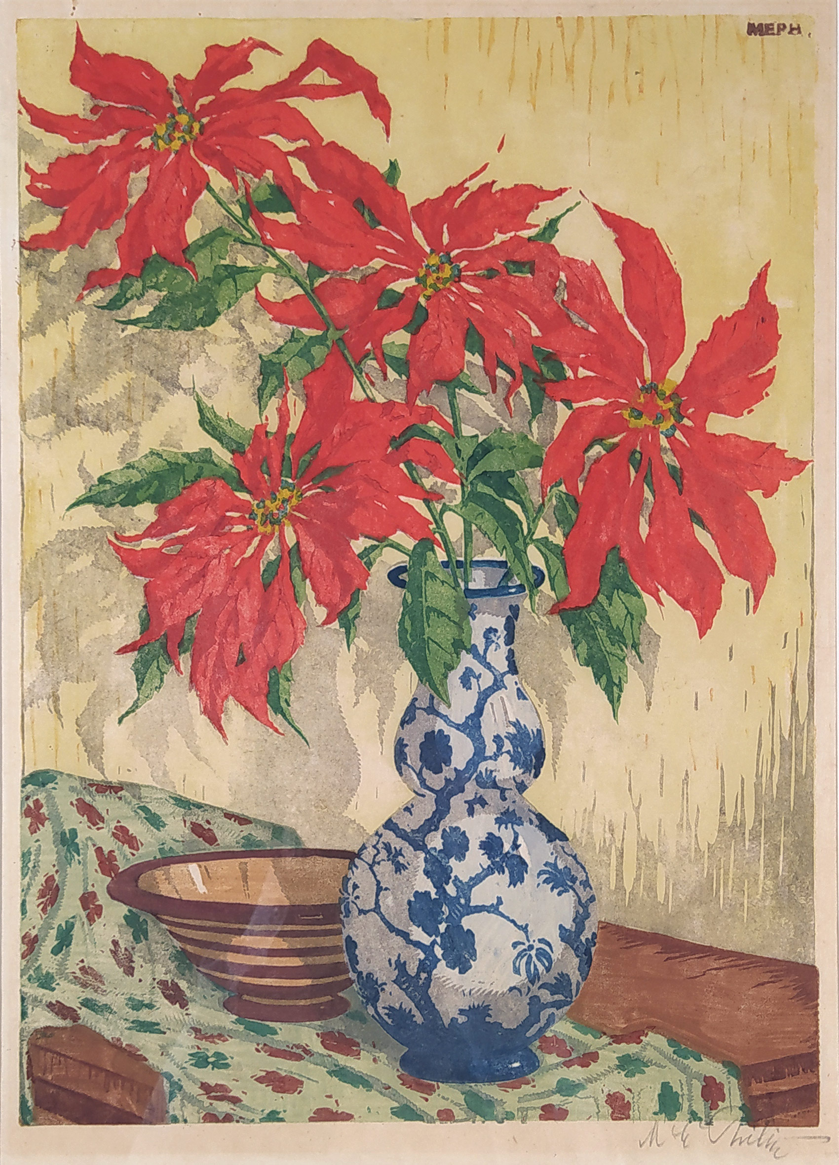 Philipp, Martin Erich – Pryšec nádherný, signovaný barevný dřevoryt na japanu, ca 1920