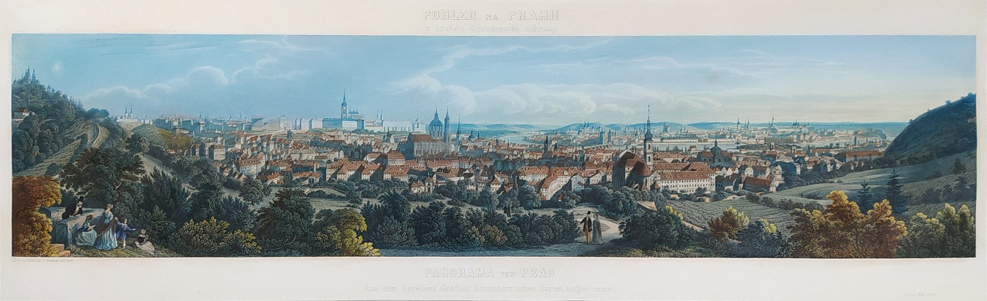 Praha – Panorama Prahy, Morstadt Vincenc, Rybička Josef, staře kolorovaný předleptaný oceloryt, 1852