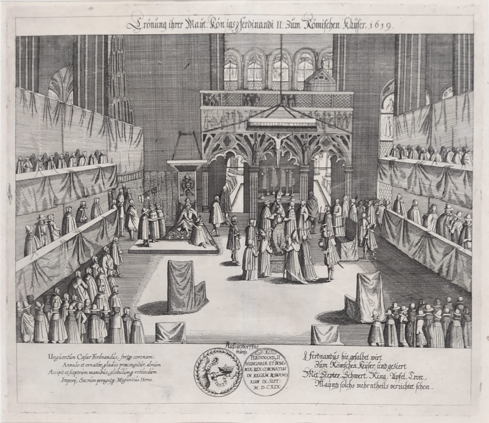 Frankfurt nad Mohanem – Korunovace Ferdinanda II. římským císařem, Eberhard Kieser, mědiryt, 1626