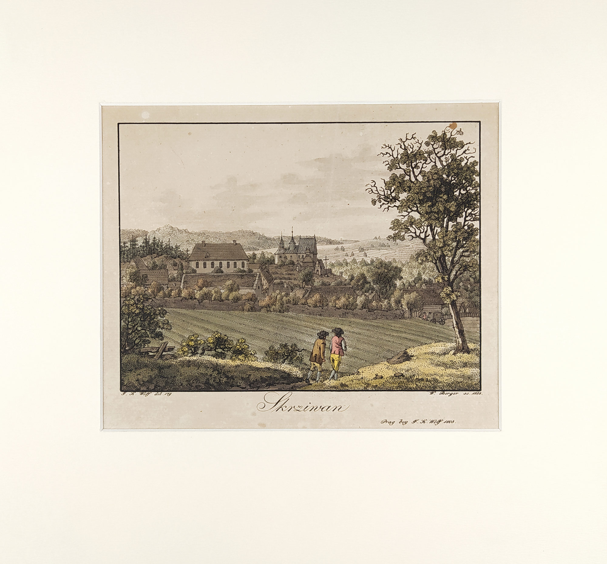 Skřivaň, Pavlíkov – Kostel svatého Štěpána, F. K. Wolf, staře kolorovaný obrysový lept, 1805