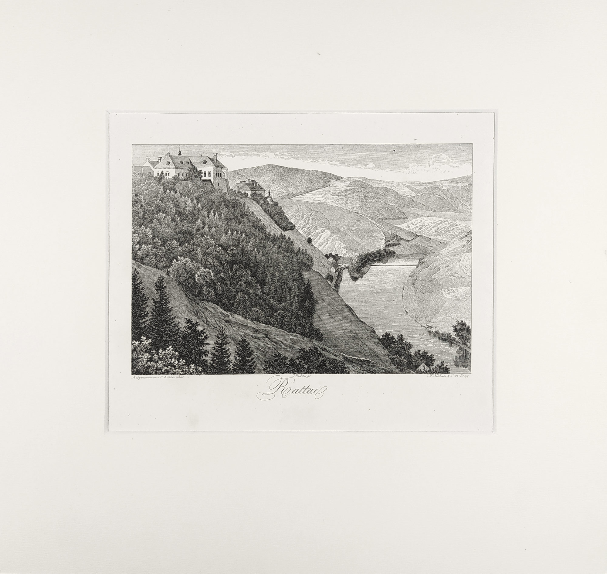 Rataje nad Sázavou – hrad Pirkštejn, F. A. Heber, původní litografie, 1847