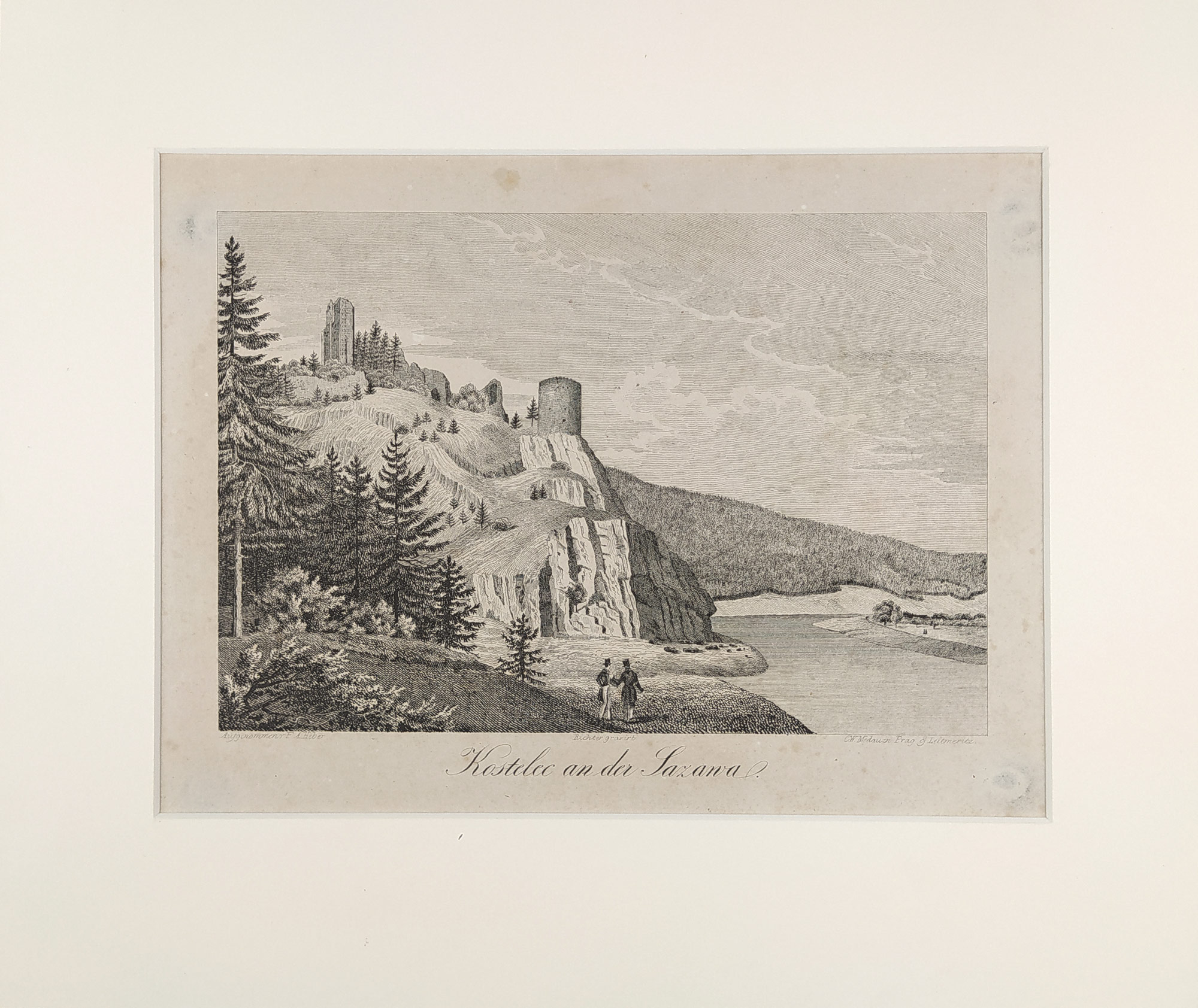 Zbořený Kostelec nad Sázavou – zřícenina hradu, F. A. Heber, původní litografie, 1847