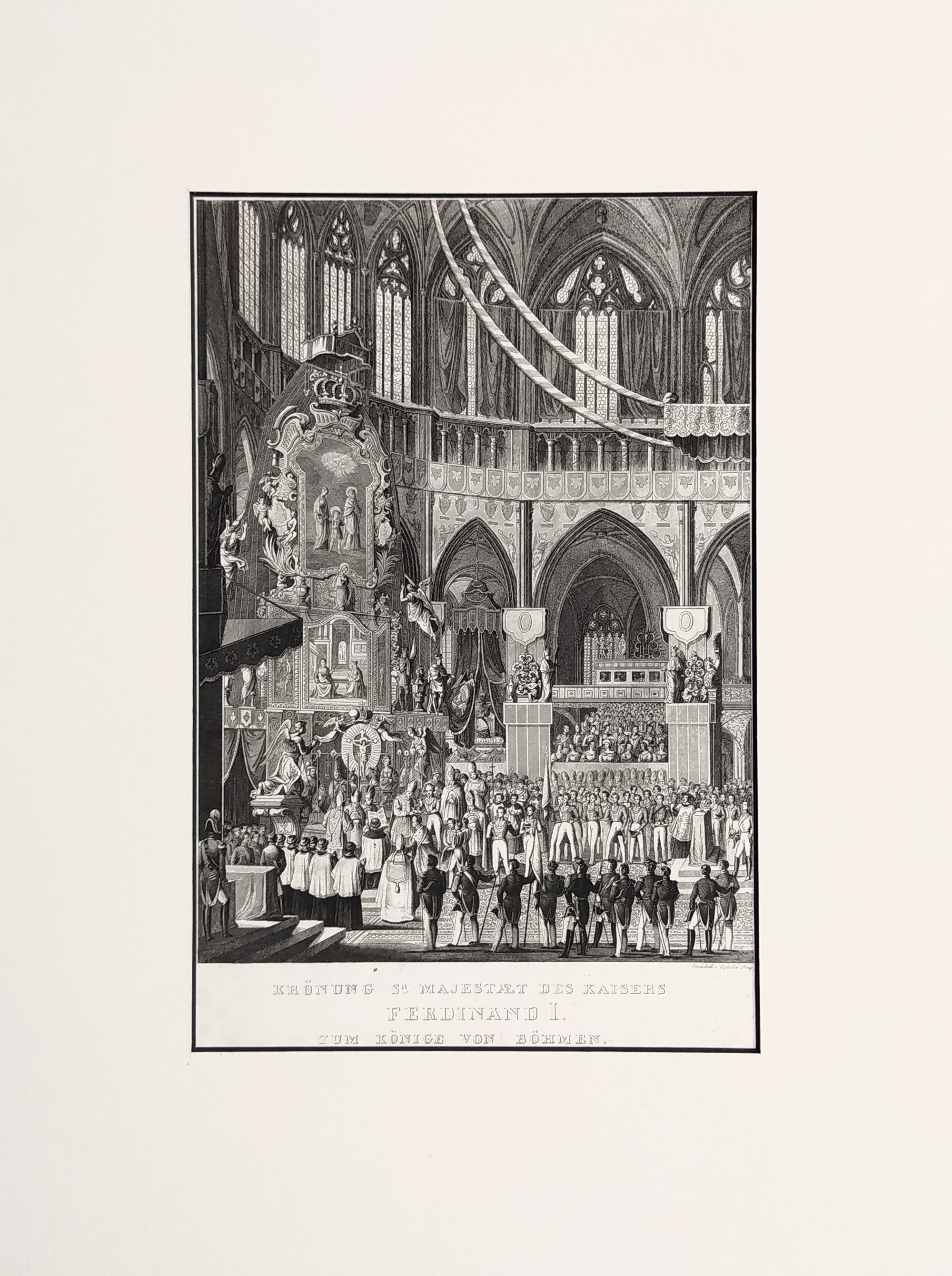 Praha – Korunovace císaře Ferdinanda I. českým králem, Gotlieb Haase, oceloryt, 1840