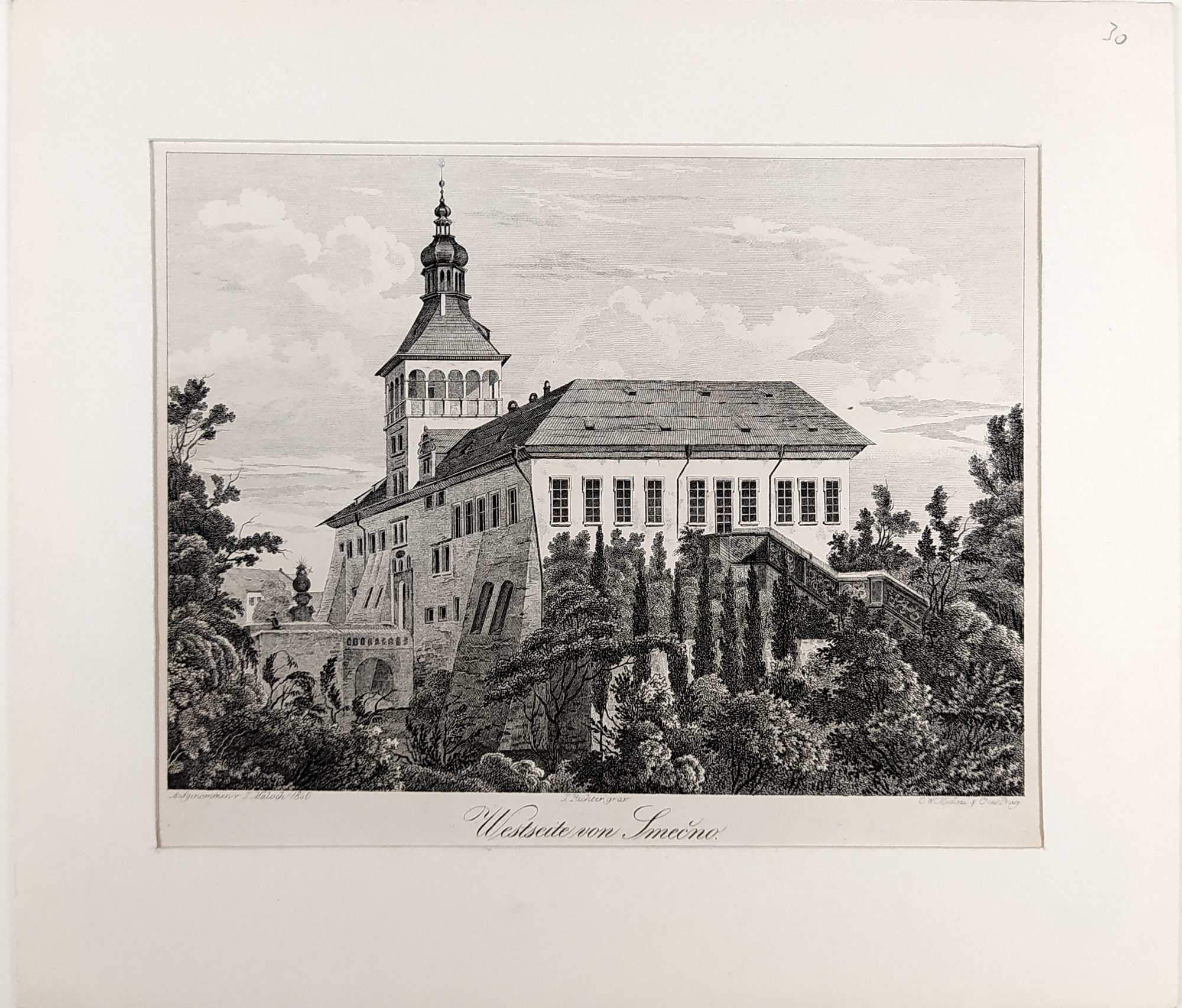 Smečno – pohled na zámek ze západní strany, J. Richter podle J. Malocha, původní litografie, 1846