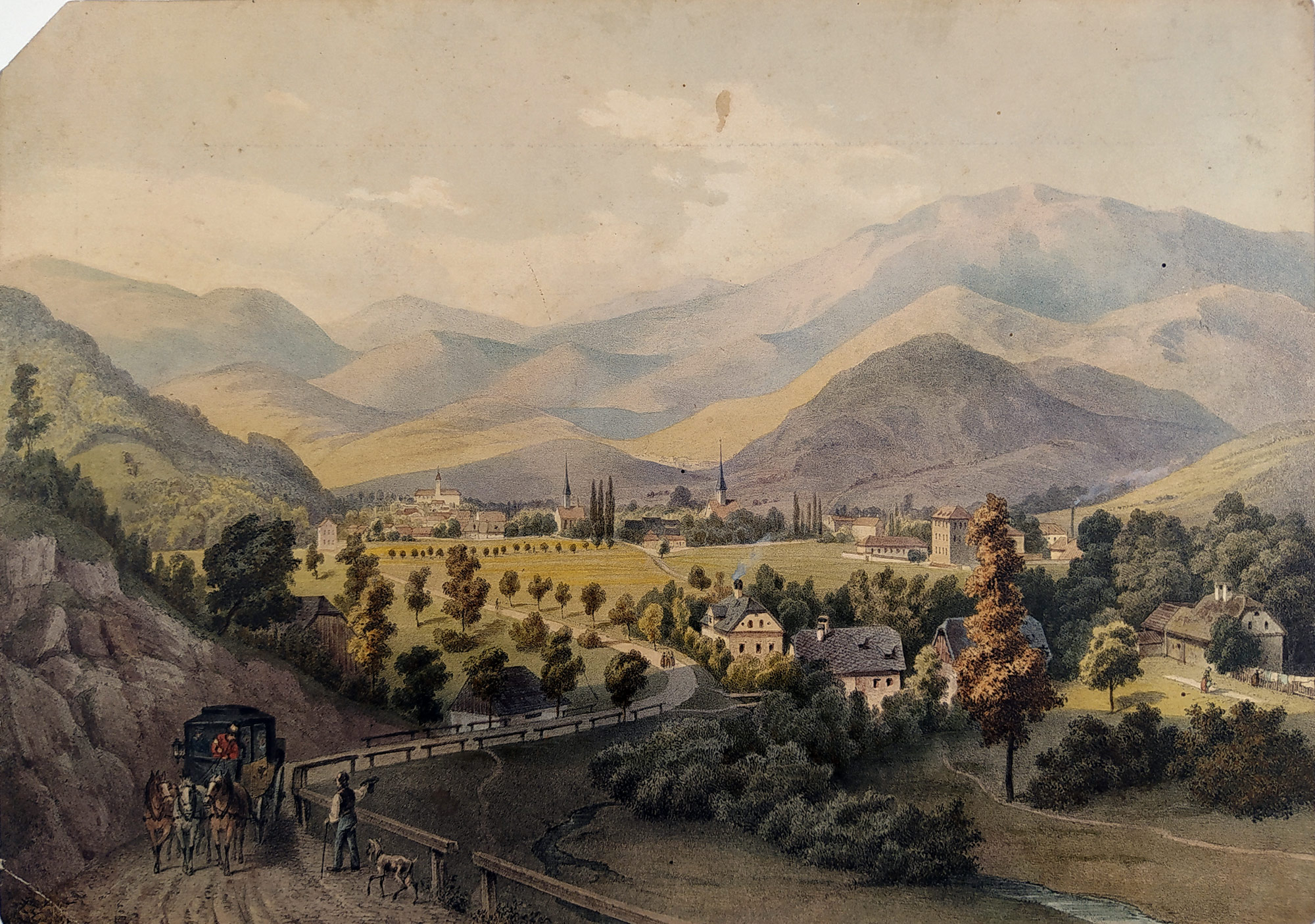 Velké Losiny – August Carl Haun, František Kalivoda, staře kolorovaná původní litografie, 1857–1860