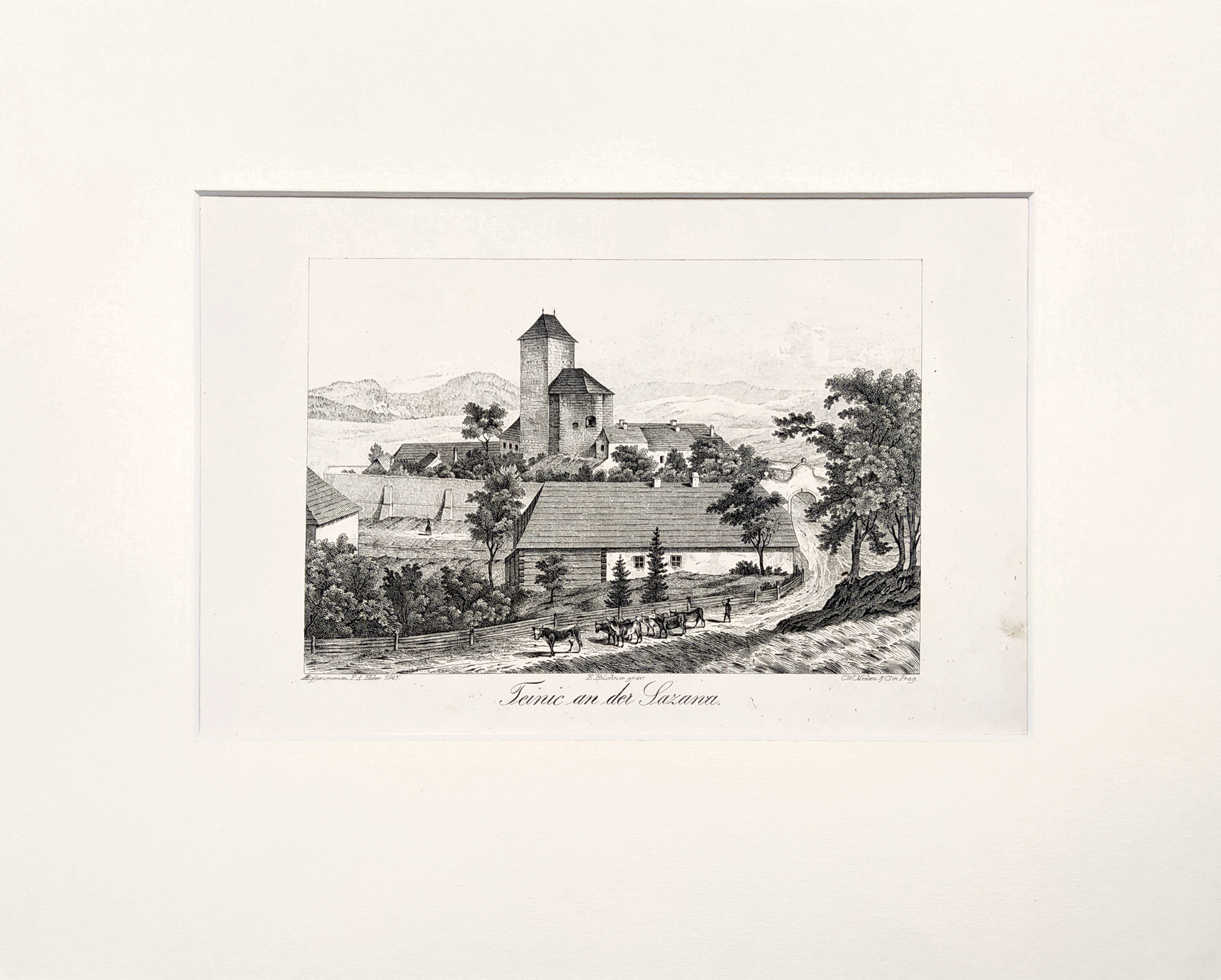 Týnec nad Sázavou – František Alexandr Heber, původní litografie, 1845