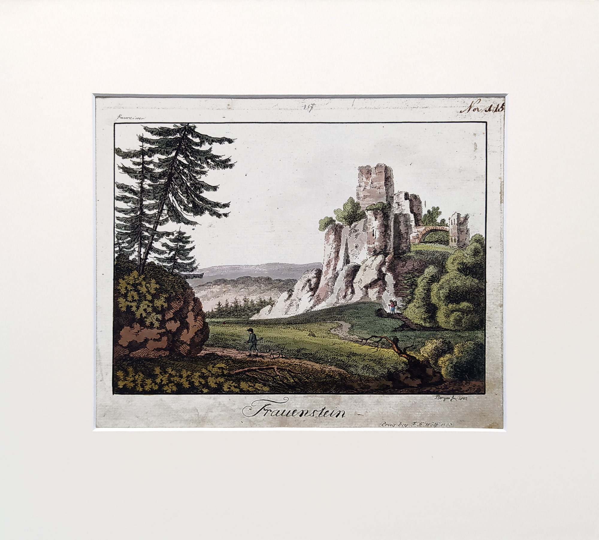 Frauenstein – Sasko, Bergen, staře kolorovaný původní obrysový lept, 1802