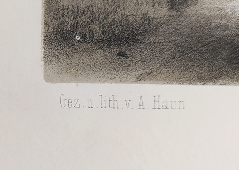 Jindřichův Hradec – August Haun, původní dvoubarevná litografie s podtiskem, 1860