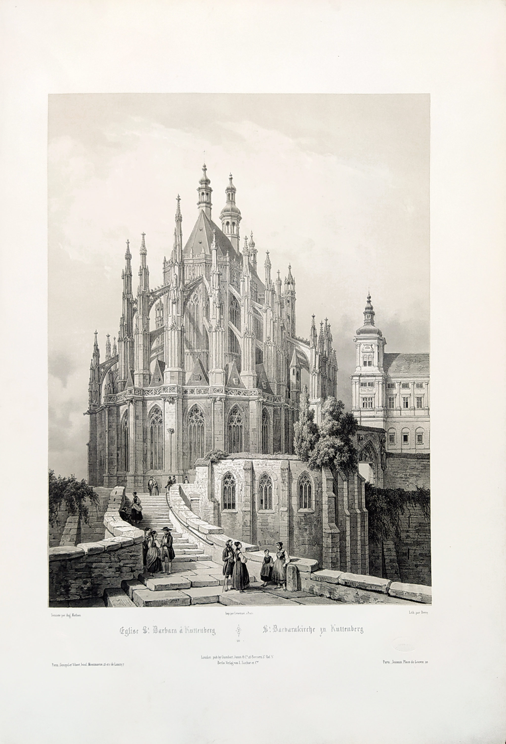 Kutná Hora – Chrám svaté Barbory, I. L. Deroy, původní litografie s podtiskem, velkoformátová veduta, 1850