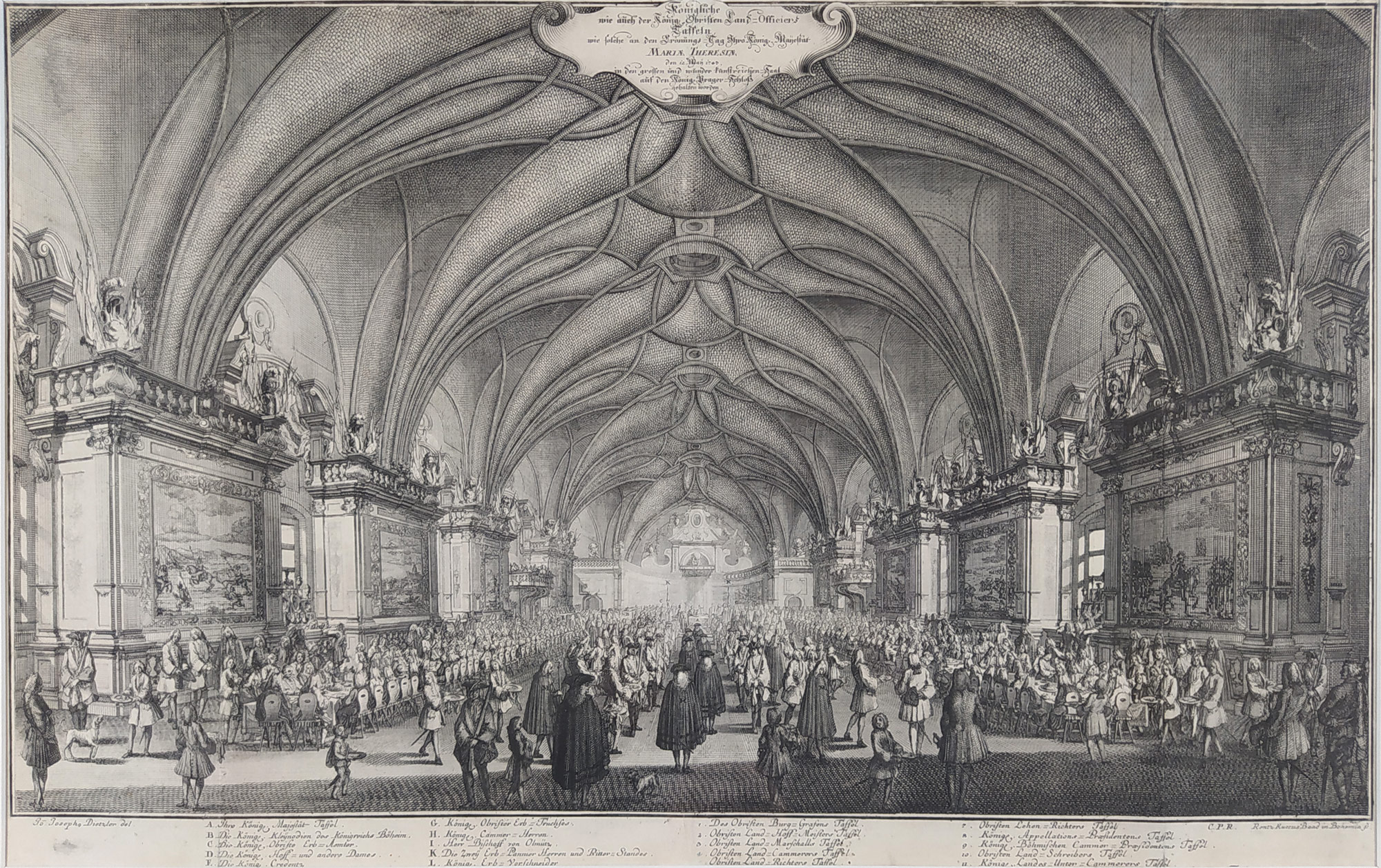 Praha – Vladislavský sál, Korunovace Marie Terezie 1743, původní mědiryt, 1743