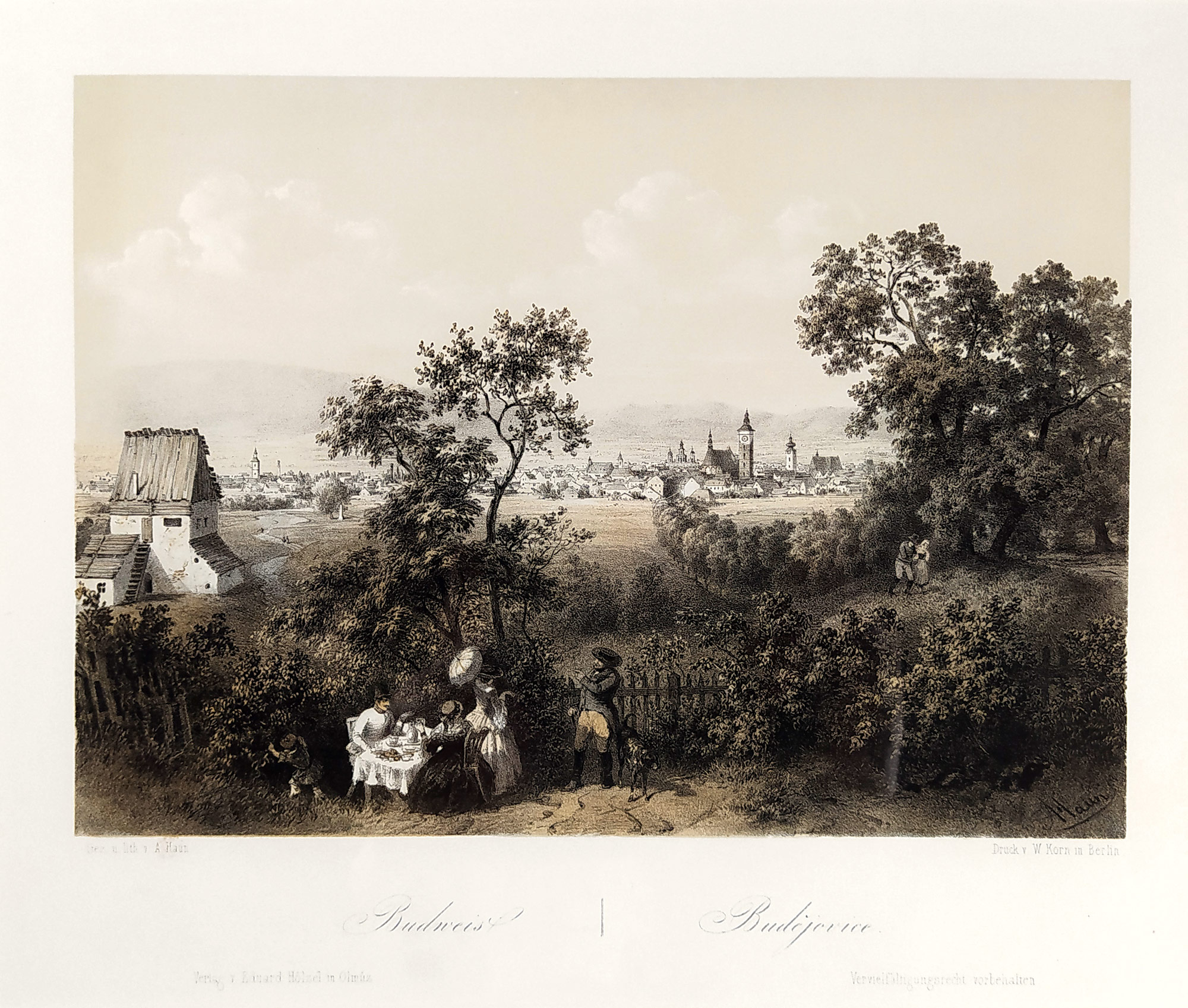 České Budějovice – August Haun, původní tónovaná litografie, 1864