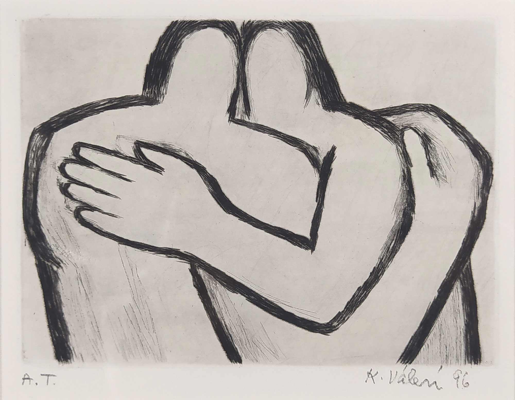 Válová Květa – Obejmutí, původní lept a suchá jehla, autorský tisk, 1996