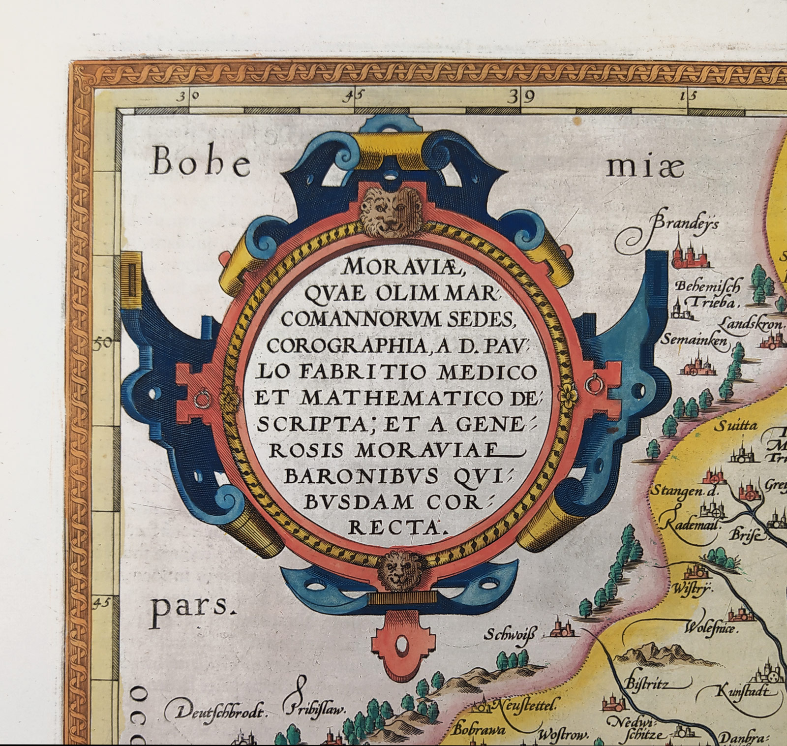 Morava – Fabritiova mapa, Ortelius Abraham, staře kolorovaný původní mědiryt, 1572
