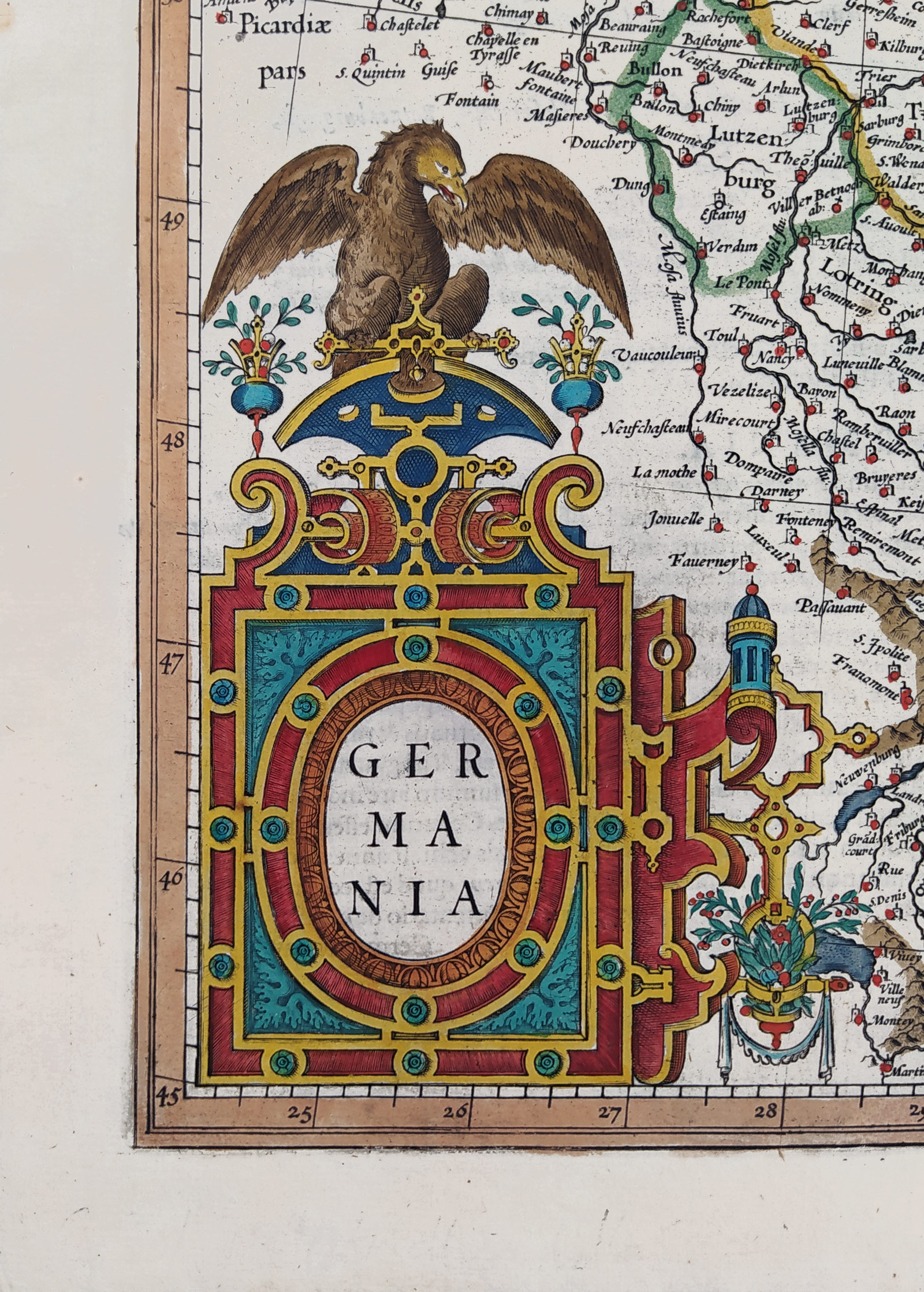 Evropa, Německo – Germania, Gerard Mercator 1585, staře kolorovaný původní mědiryt, (1623)