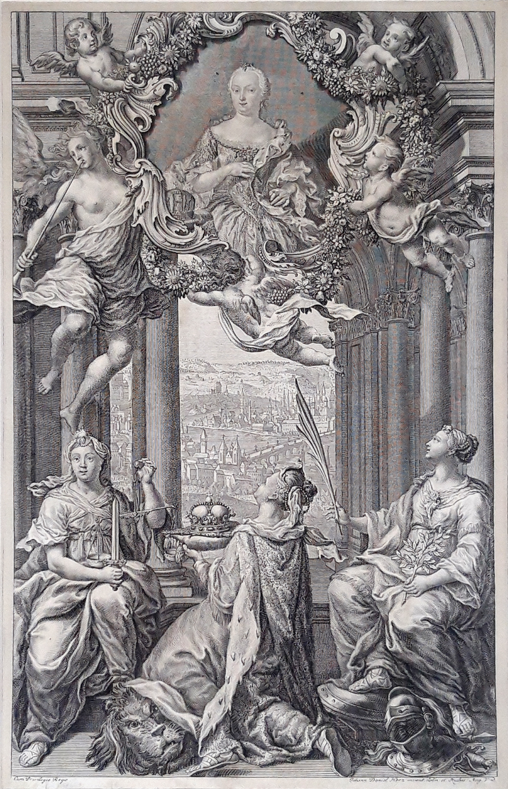Praha – Portrét Marie Terezie s průhledem na Prahu, původní mědiryt, 1743