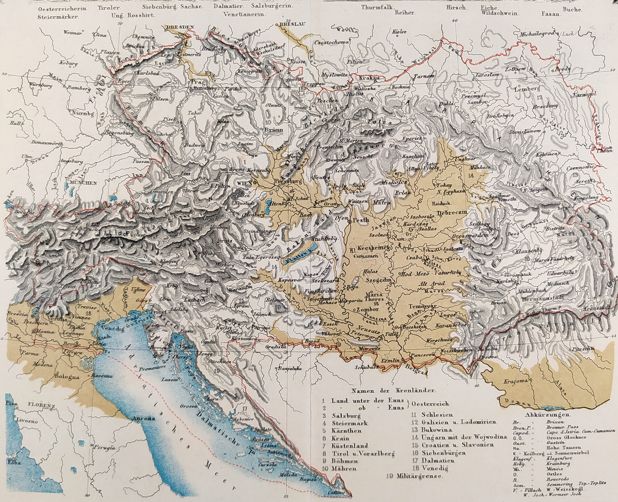 Rakousko – Friedrich Arnold Brockhaus, staře kolorovaný původní oceloryt, ca 1820