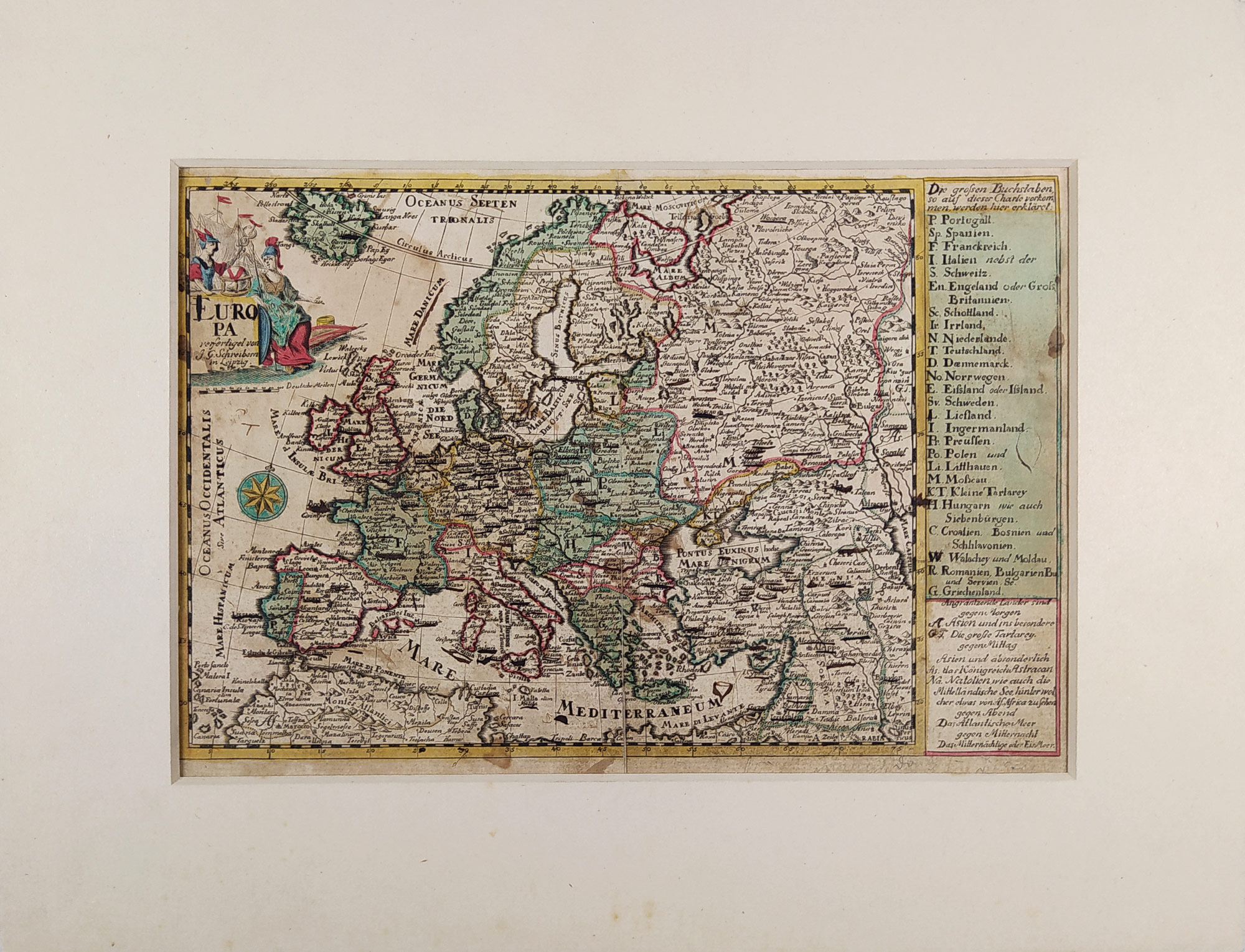 Evropa – Johann Georg Schreiber, staře kolorovaný původní mědiryt, ca 1750