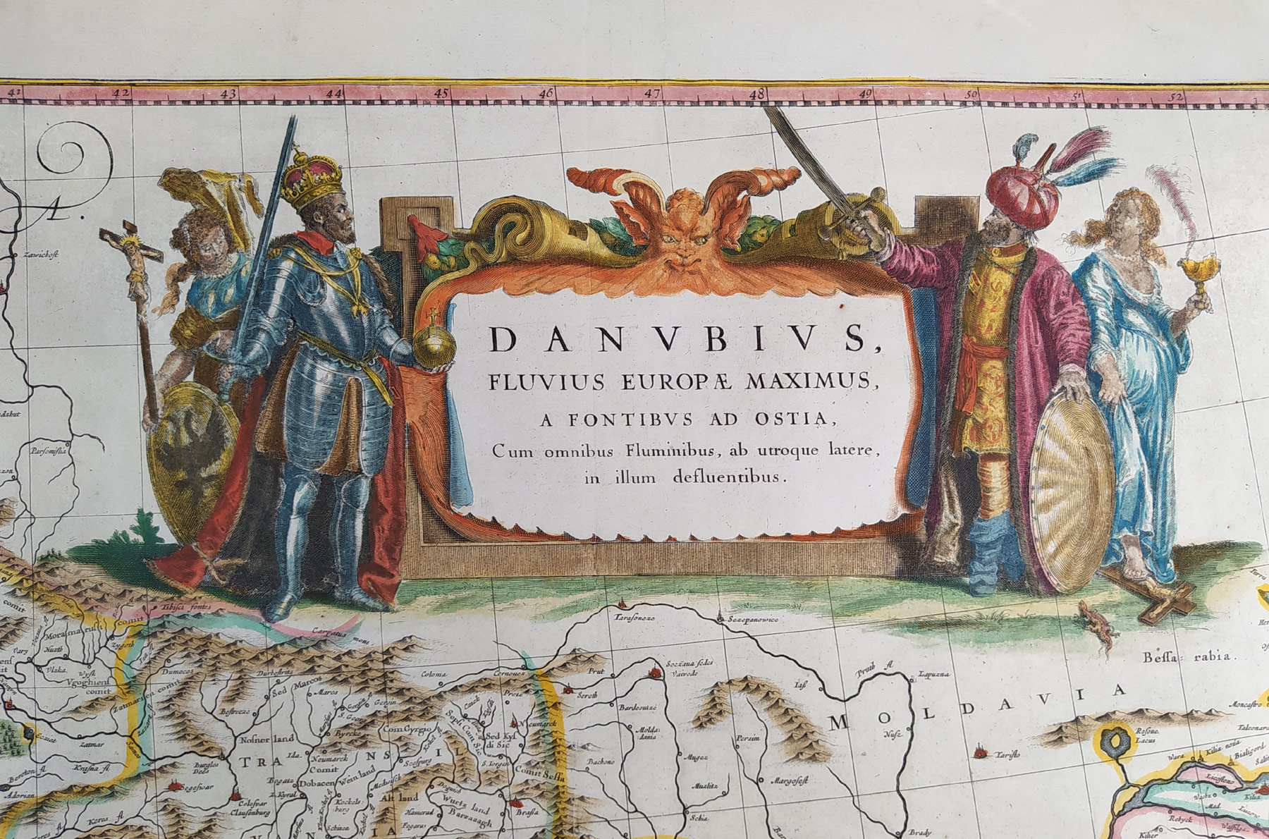 Mapa toku Dunaje od Alp až po Černé moře – Willem Janszoon Blaeu, staře kolorovaný mědiryt, 1635