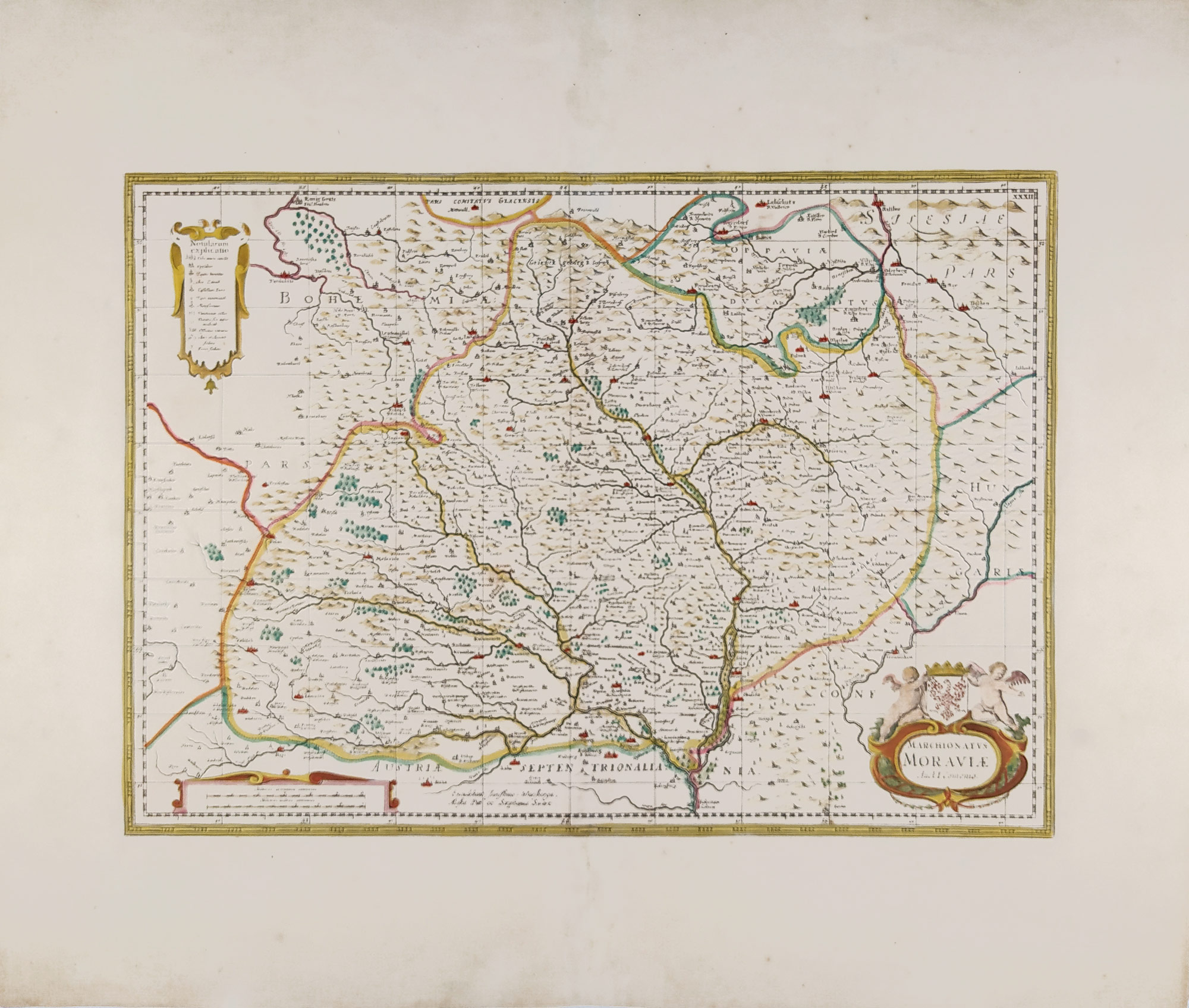 Morava – Komenského mapa Moravy, Johannes Janssonius–Waesberghe, staře kolorovaný mědiryt, 1680