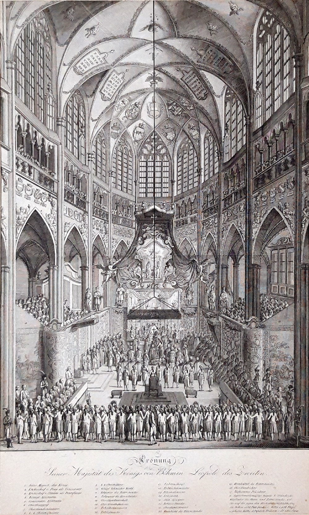 Praha – Korunovace Leopolda II. českým králem v chrámu sv. Víta 1791, původní mědiryt, 1818