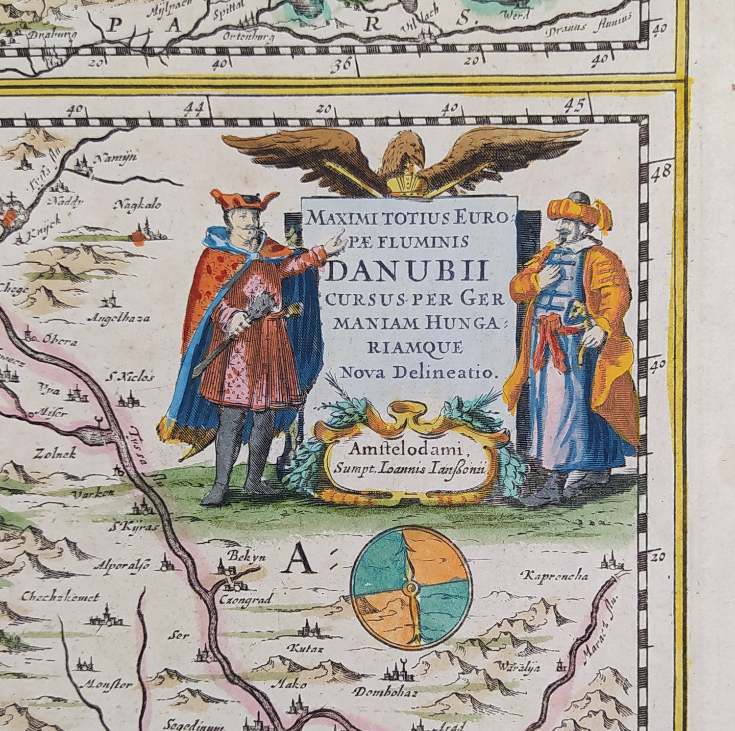 Mapa toku Dunaje ve dvou částech – Johannes Janssonius, staře kolorovaný původní mědiryt, 1635