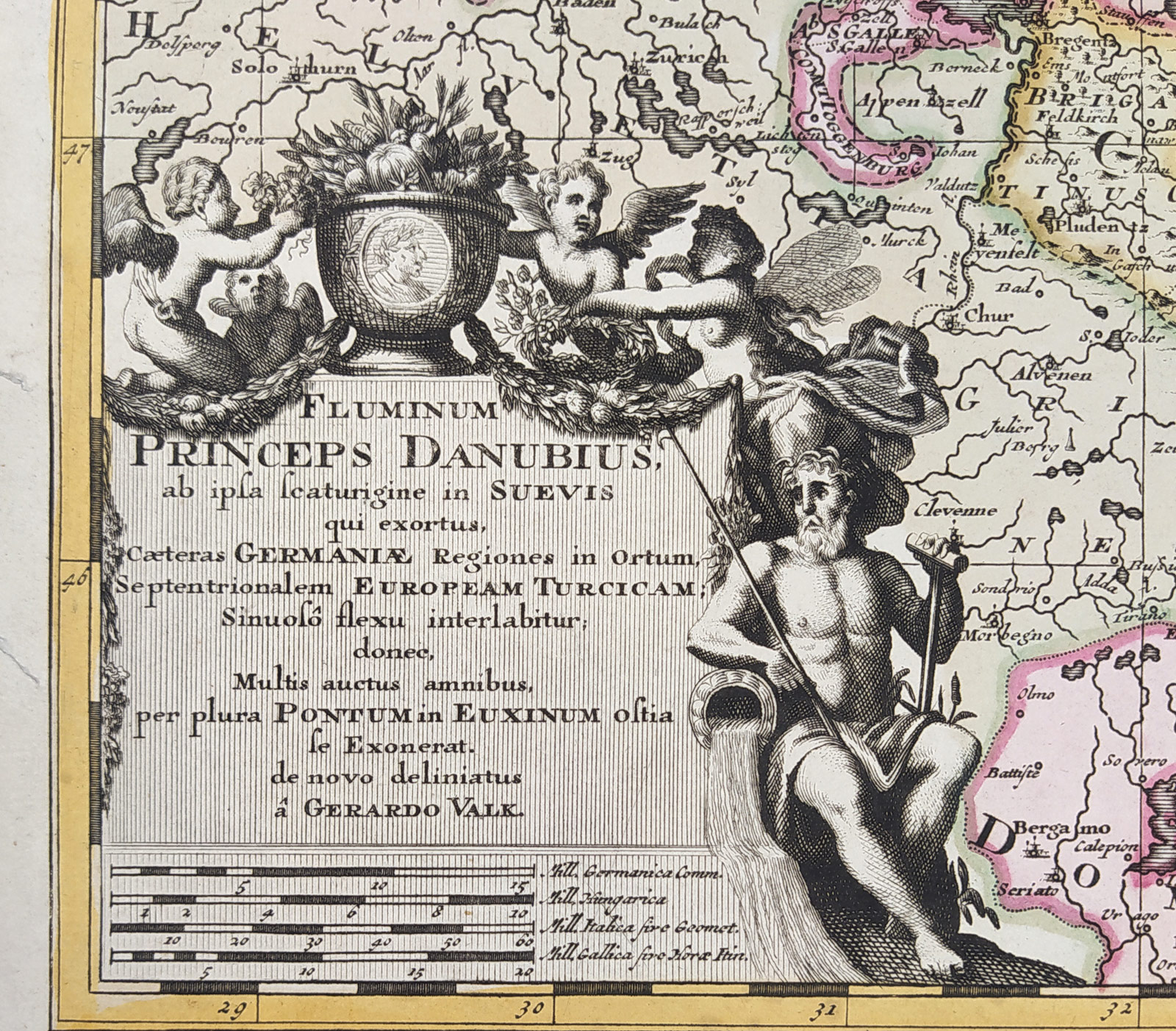 Mapa toku Dunaje ve dvou částech – Gerard Valk, staře kolorovaný původní mědiryt, ca 1700
