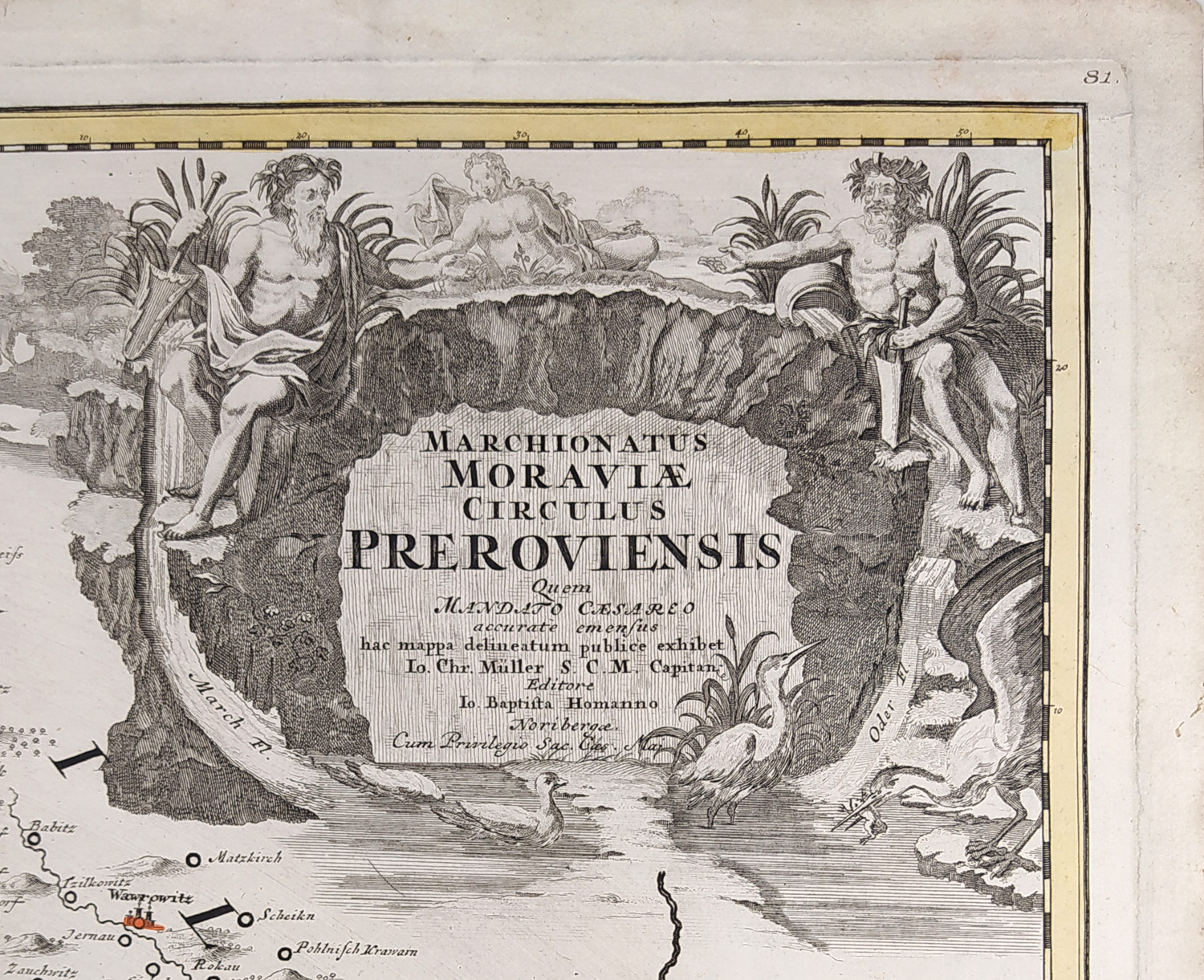 Přerovský kraj, severní část – Johann Baptist Homann, Johann Christoph Müller, staře kolorovaný mědiryt, 1720