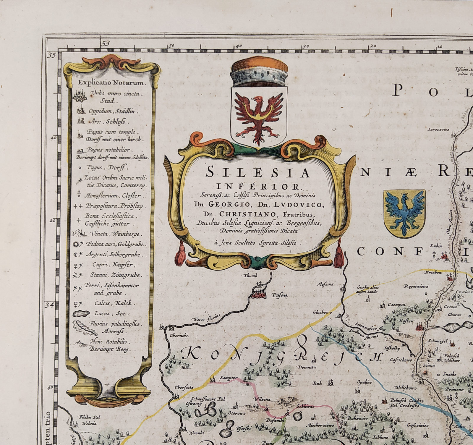 Dolní Slezsko – Silesia Inferior, Jonas Scultetus, Joh. & Corn. Blaeu, staře kolorovaný mědiryt, 1659–1672