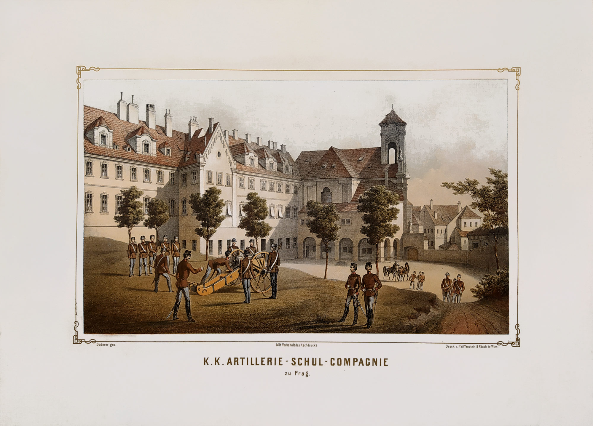 Praha – Kadetní škola pěchoty v Praze, Carl Wilhelm von Doderer, barevná chromolitografie, 1850–1860