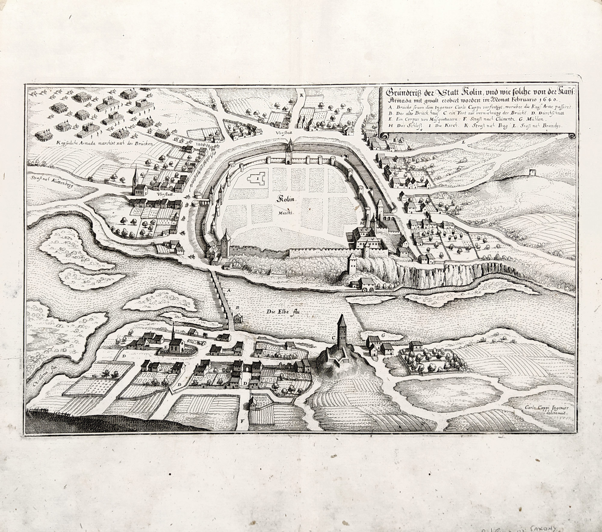 Kolín nad Labem – pohled na město z ptačí perspektivy, Matthäus Merian, původní mědiryt, 1650
