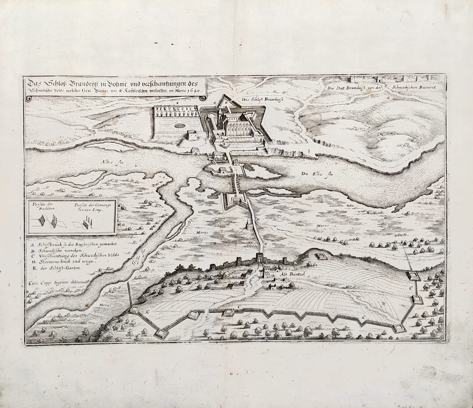 Brandýs nad Labem - pohled na zámek a opevnění města z ptačí perspektivy, M. Merian, mědiryt, 1650