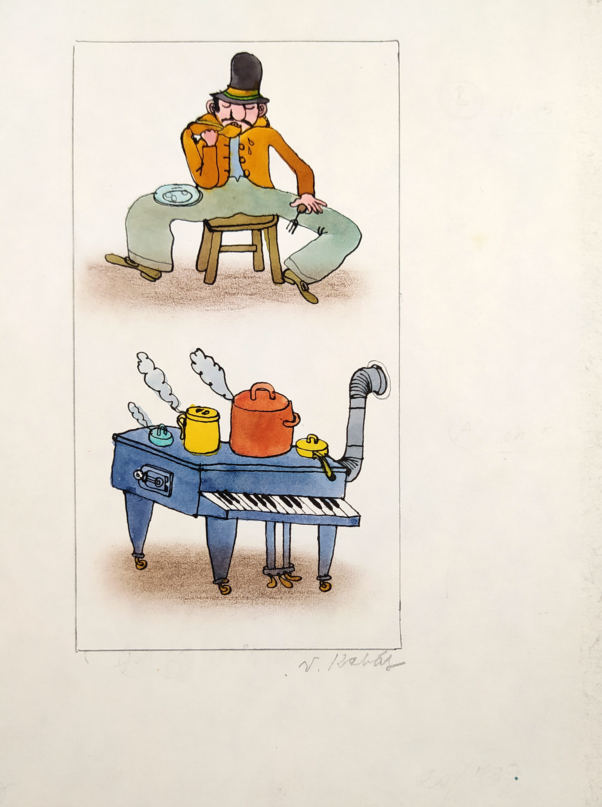 Kabát Václav – Vařící muži, ilustrace pro kalendář na rok 1989, kolorovaná kresba tuší, 1988