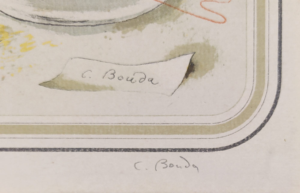 Bouda Cyril – Zátiší s krevetami a citronem, barevná litografie, ca 1943
