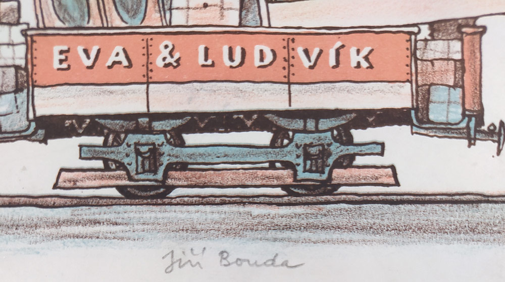 Bouda Jiří – PF 1974 Eva & Ludvík Lososovi, velkoformátová původní barevná litografie, 1973