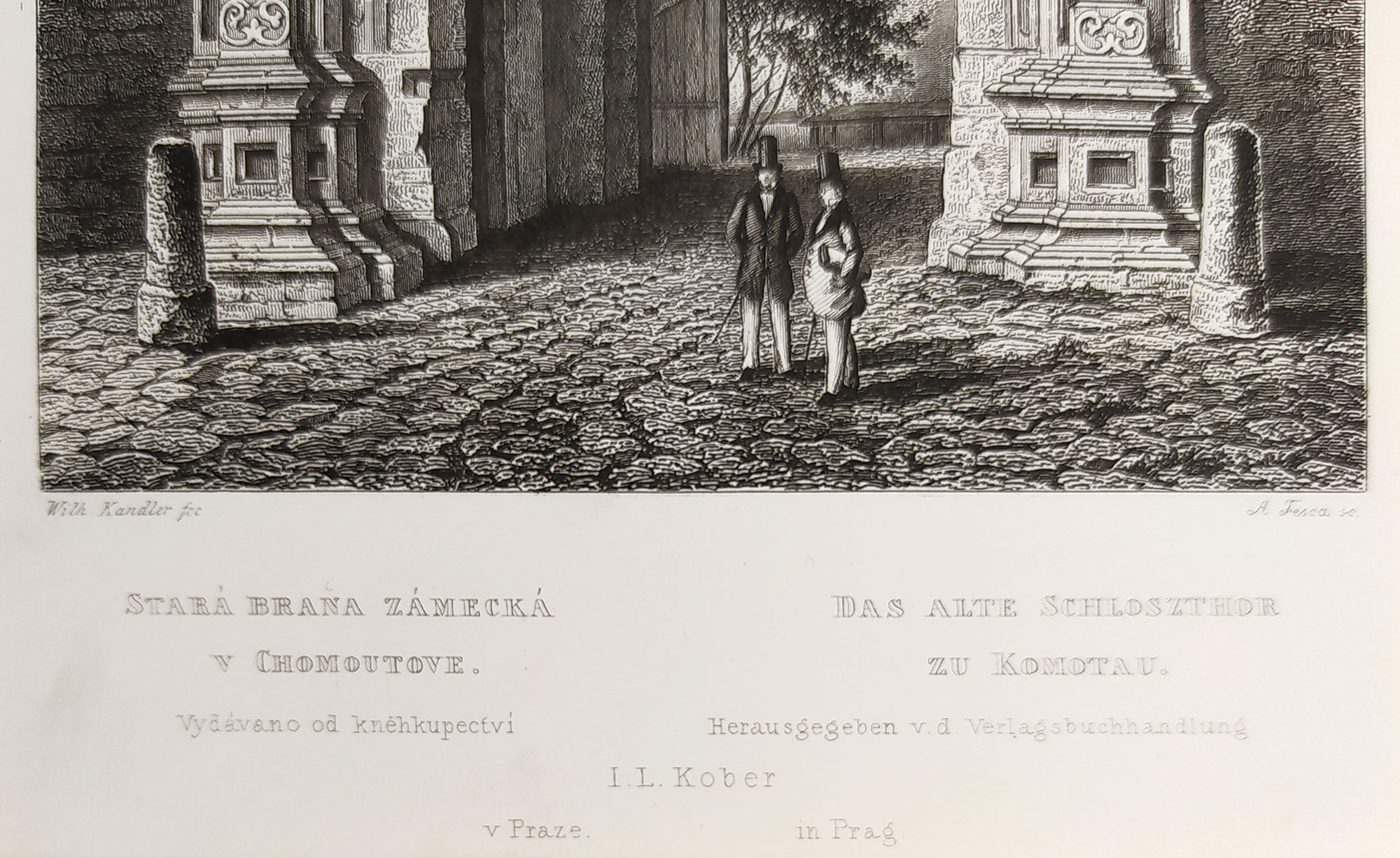 Chomutov – Stará zámecká brána, Adolf Fesca, původní oceloryt, ca 1850