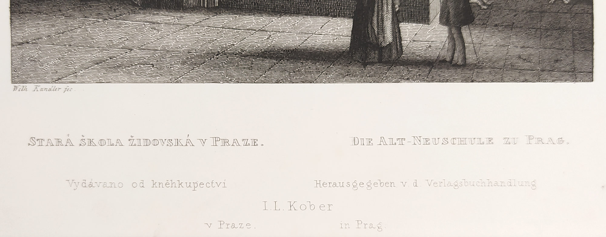 Praha – Interiér Staronové synagogy, Wilhelm Kandler, původní oceloryt, ca 1860
