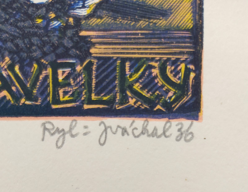 Váchal Josef – Ex libris Karel Pavelka, Kuřák tabáku, původní čtyřbarevný dřevoryt, 1936