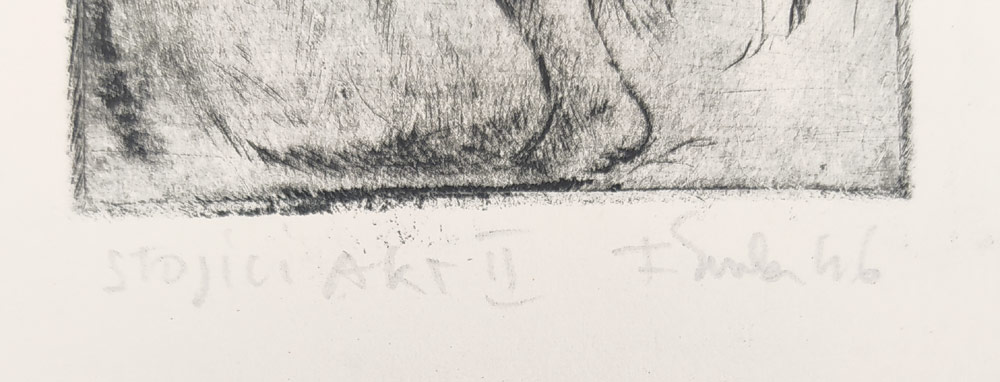 Emler František – Stojící akt II., původní lept a suchá jehla, 1946