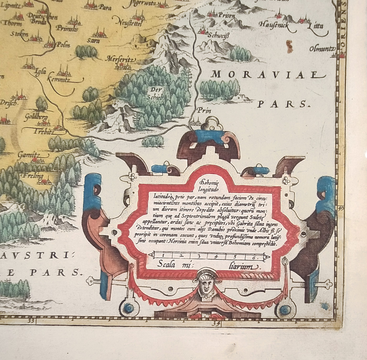 Čechy – Ortelius Abraham, staře kolorovaný původní mědiryt, 1584