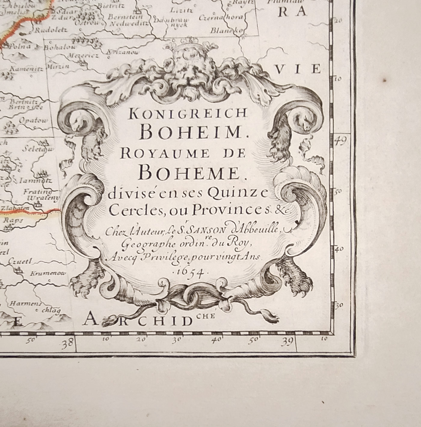 Čechy – Nicolas Sanson, staře kolorovaný původní mědiryt, 1654