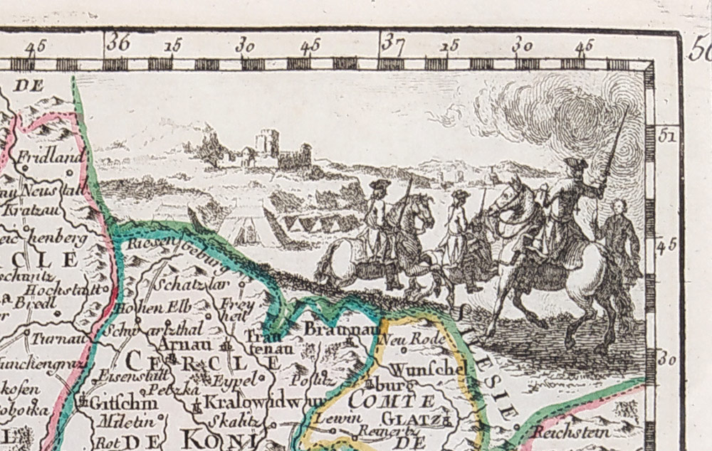 Čechy – podle Le Rougeovy mapy, J. B. Crépy, staře kolorovaný původní mědiryt, 1767