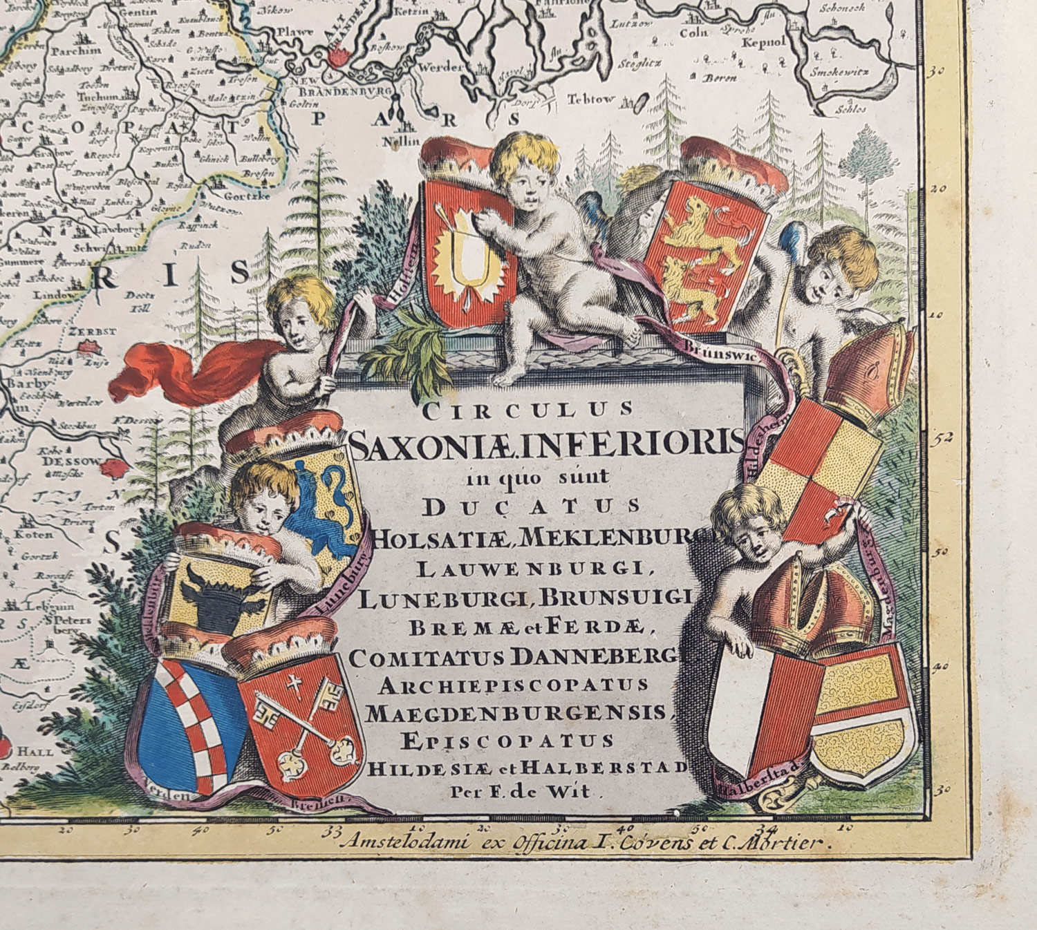 Německo, Niedersachsen – Dolnosaský kraj, Covens a Mortier podle Fredericka de Wita, staře kolorovaný původní mědiryt 1750