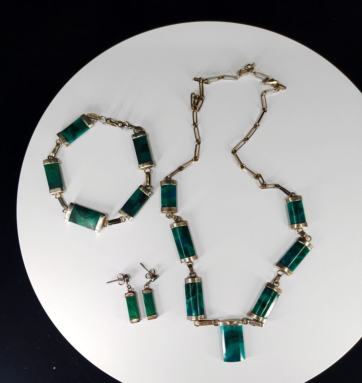 Stříbrný článkový náhrdelník, náramek a náušnice s malachity Mexiko