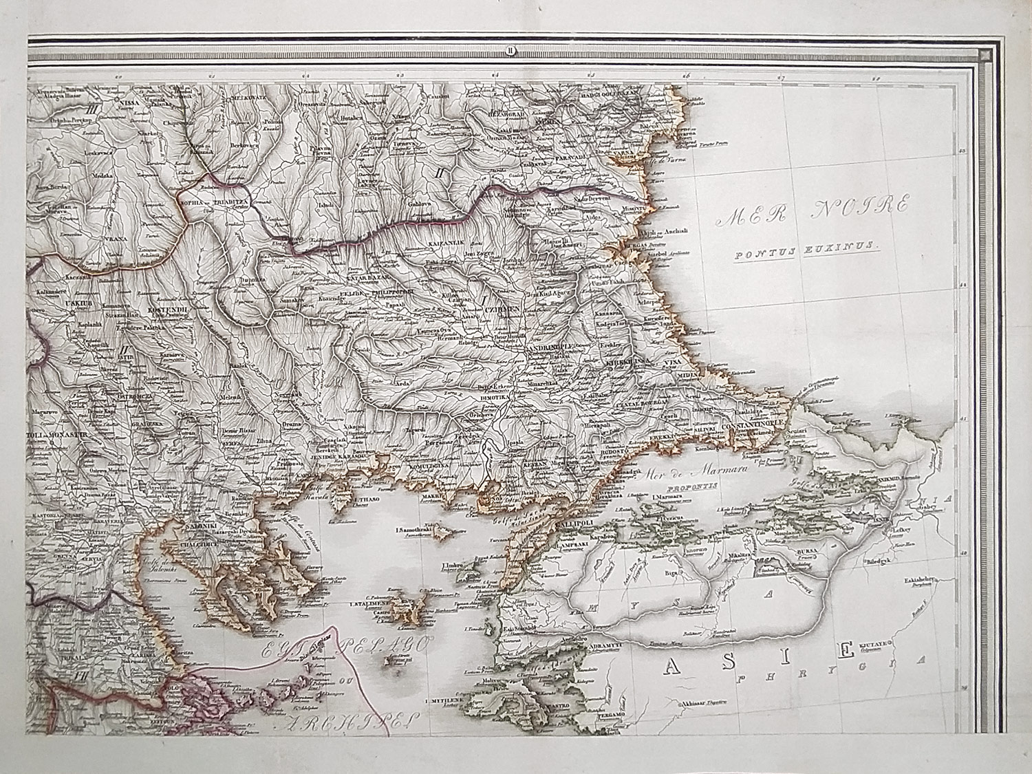 Řecko – Srovnávací mapa, 4 díly, F. Fried, staře kolorovaný původní mědiryt, 1830