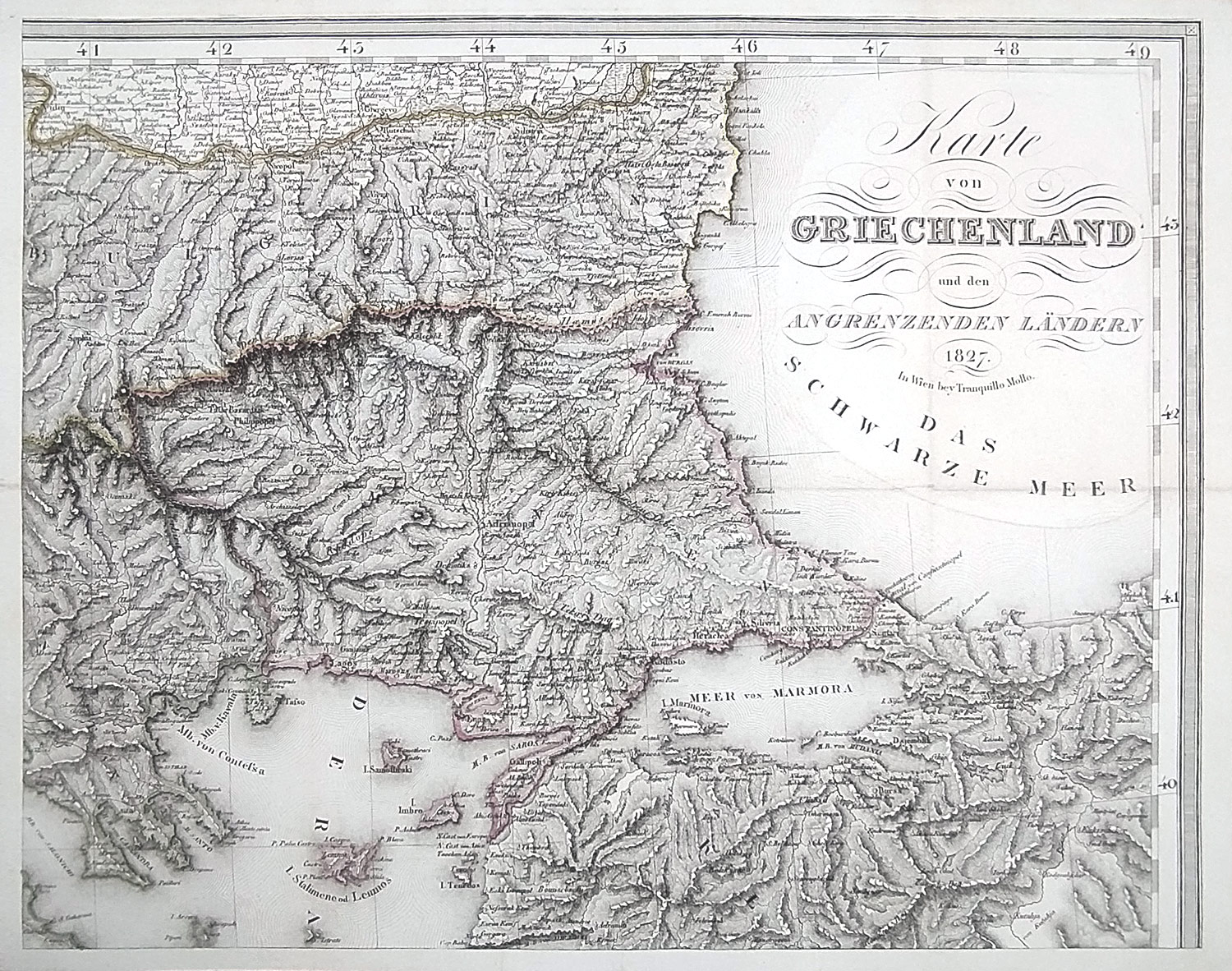 Řecko – Mapa Řecka a sousedících zemí, 4 díly, Tranquillo Mollo, původní, částečně kolorovaný oceloryt, 1827