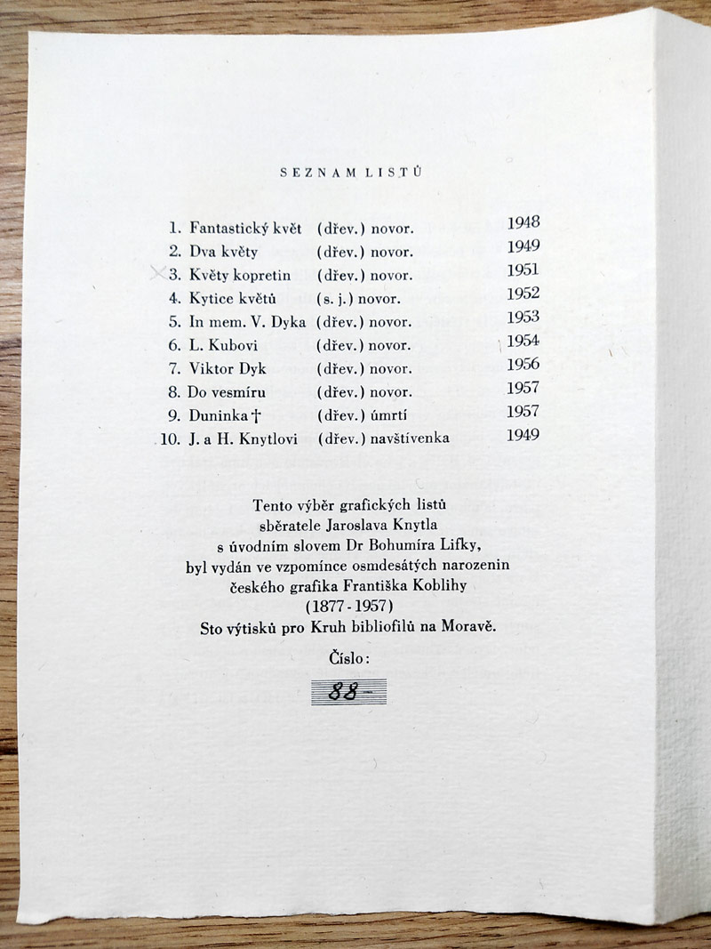 Kobliha František – 10 listů drobné grafiky sběratele J. K., 1957