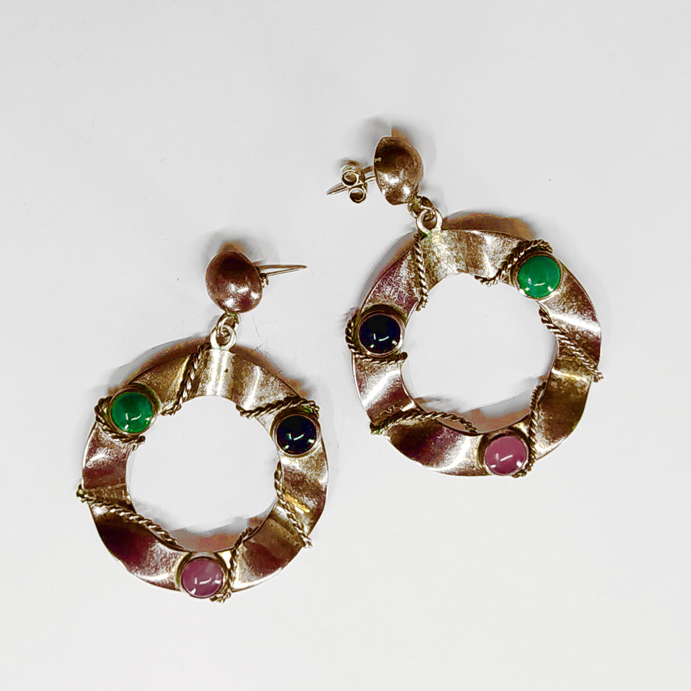 Stříbrné náušnice s onyxem, růženínem a malachitem, Taxco, Mexiko