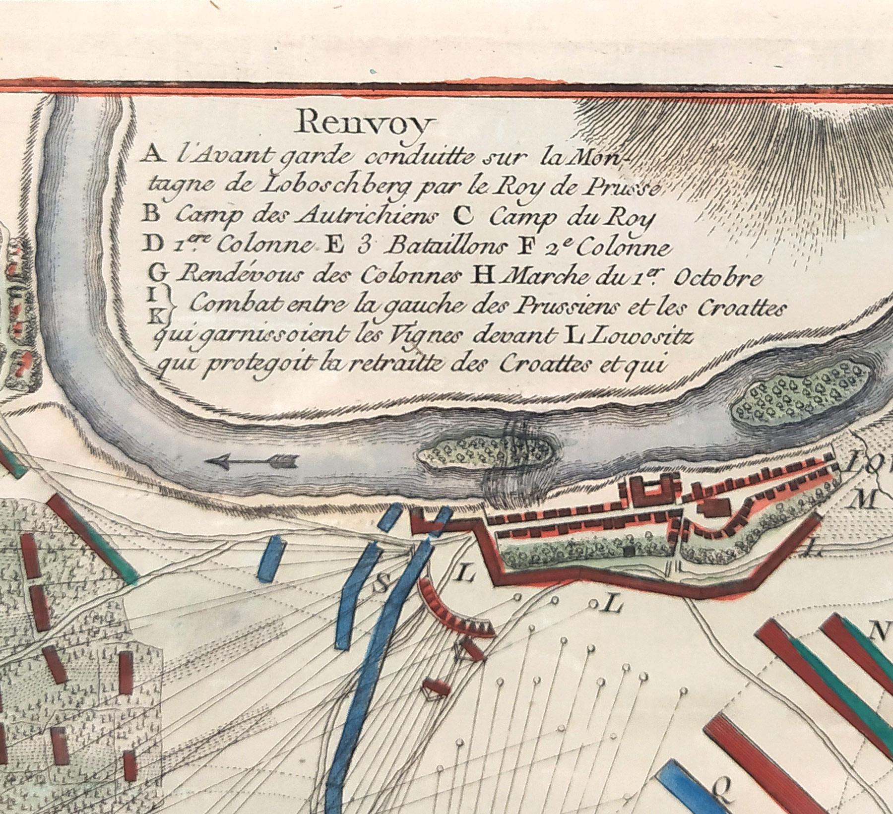 Lovosice – Plán bitvy u Lovosic 1756, G. N. Raspe, staře kolorovaný původní mědiryt, ca 1760